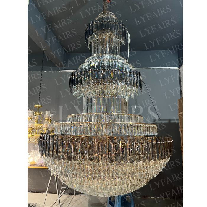 Golden Era Grand Cascade Fountain Smoky Gray&Clear Crystal Chandelier for High-ceiling