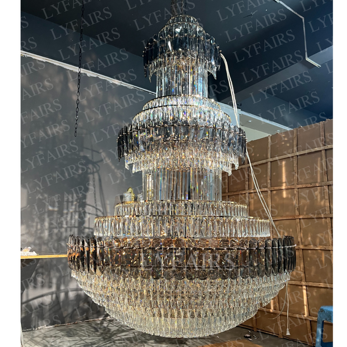 Golden Era Grand Cascade Fountain Smoky Gray&Clear Crystal Chandelier for High-ceiling