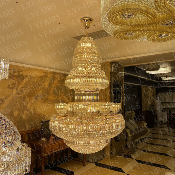 Golden Era Grand Fountain Clear Crystal Chandelier of Luxury and Opulence for High-ceiling