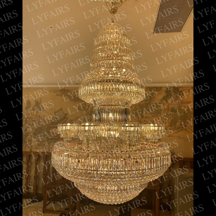 Golden Era Grand Fountain Clear Crystal Chandelier of Luxury and Opulence for High-ceiling