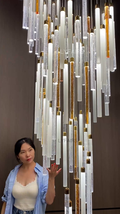 Modern Floating Clear&Orange Cylindrical Crystal Chandelier for High-ceiling