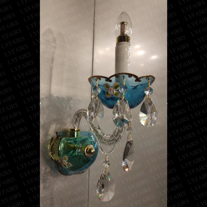 French Romantic Blue Crystal Designer Wall Lamp