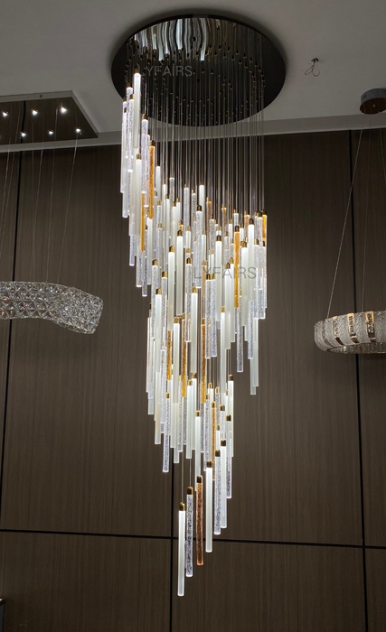 Modern Floating Clear&Orange Cylindrical Crystal Chandelier for High-ceiling