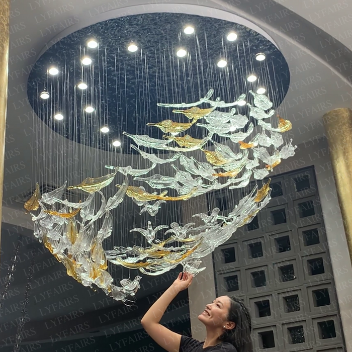 Modern Floating Glass Feather Chandelier for Staircase/Foyer/High-ceiling Living Room