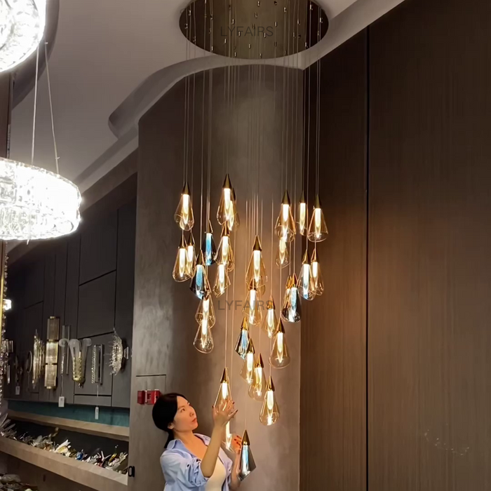 Modern Floating Amber Glass Raindrop Chandelier for High-ceiling