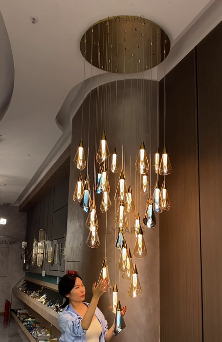 Modern Floating Amber Glass Raindrop Chandelier for High-ceiling