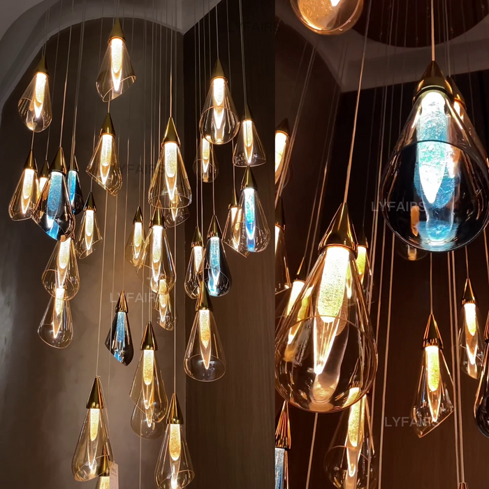 Modern Floating Amber Glass Raindrop Chandelier for High-ceiling