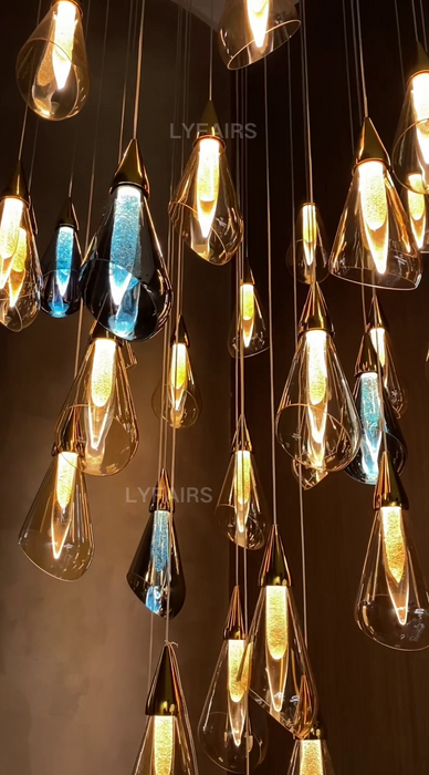 Modern Floating Amber Glass Raindrop Chandelier for High-ceiling