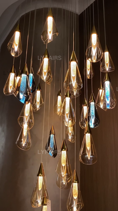 Modern Floating Amber Glass Raindrop Chandelier for High-ceiling