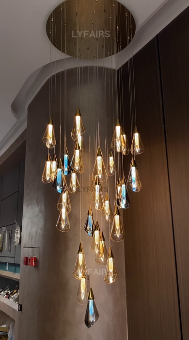 Modern Floating Amber Glass Raindrop Chandelier for High-ceiling