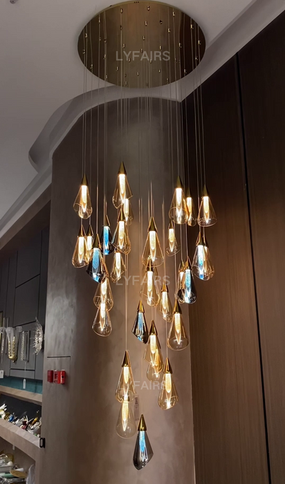 Modern Floating Amber Glass Raindrop Chandelier for High-ceiling