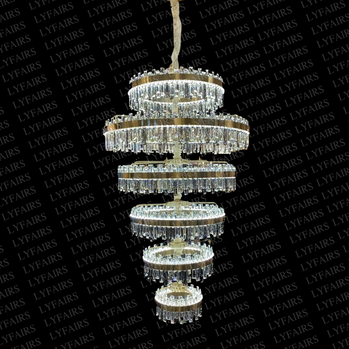 Luxury 6-Tier Ring Crystal Chandelier for High-ceiling