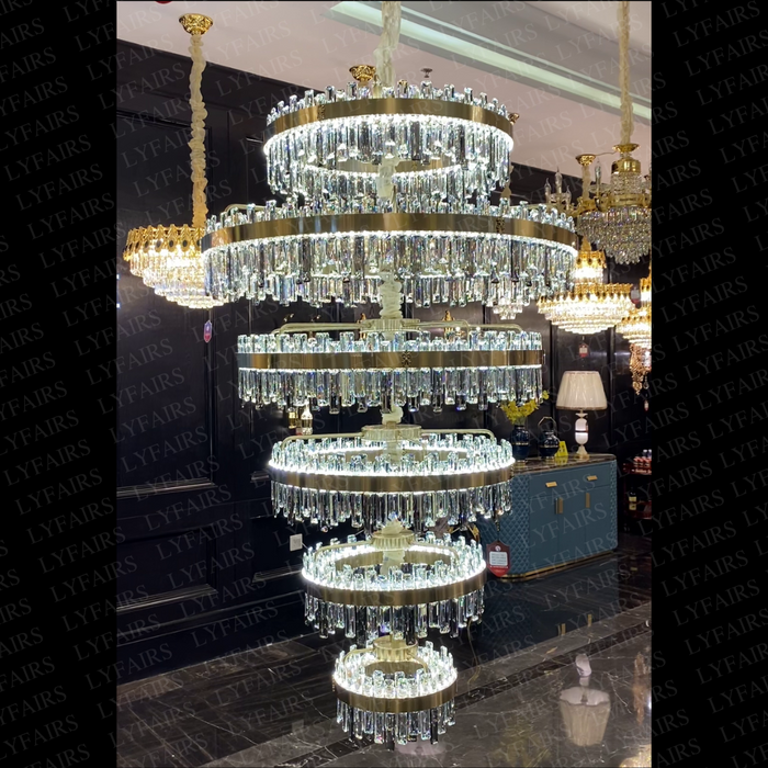 Luxury 6-Tier Ring Crystal Chandelier for High-ceiling