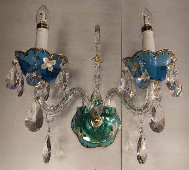 French Romantic Blue Crystal Designer Wall Lamp