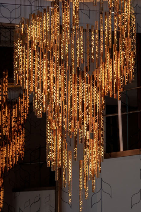 Modern Art Design Floating Leaves-inspired Glass Tube Chandelier for High-ceiling