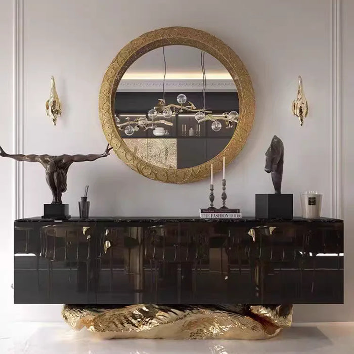 Luxury Glossy Black Brass Stone Sideboard