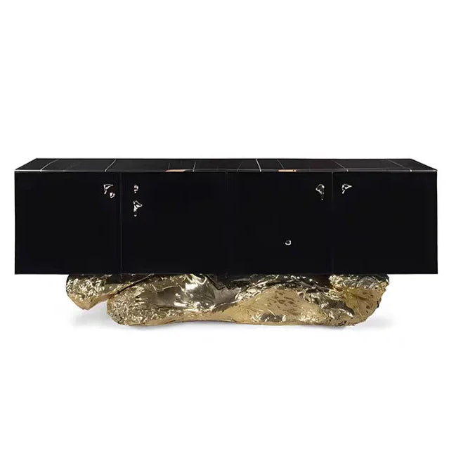 Luxury Glossy Black Brass Stone Sideboard