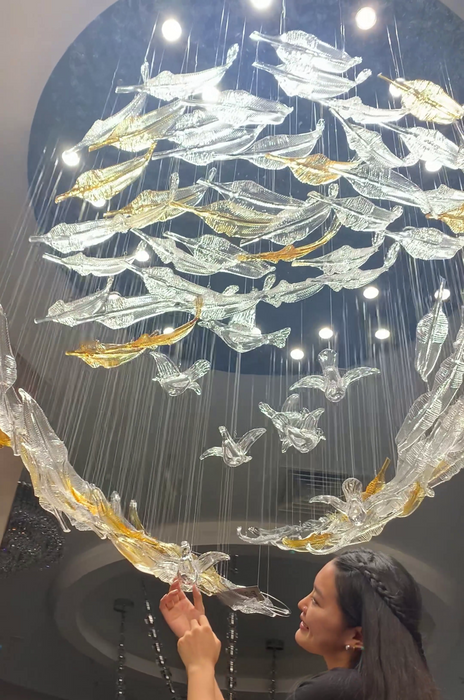 Modern Floating Glass Feather Chandelier for Staircase/Foyer/High-ceiling Living Room