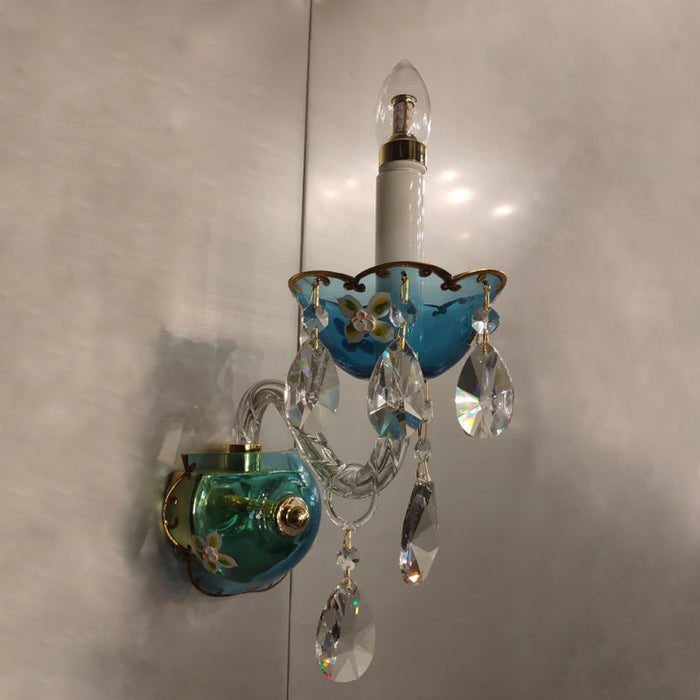 French Romantic Blue Crystal Designer Wall Lamp