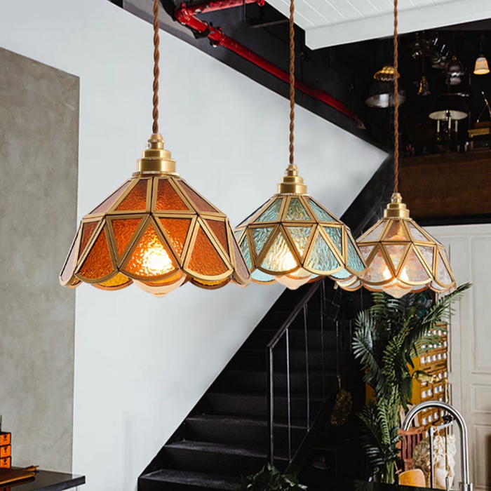 tiffany,tiffany style,chandelier,chandeliers,pendant,colorful glass,brass,adjustable,blue,clear glass,red,orange,kitchen island,long table,bar,cafe bar