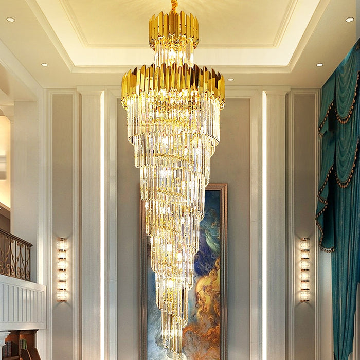 Luxury Gold Trimmed Long Crystal Chandelier Foyer Staircase Extra Larg ...