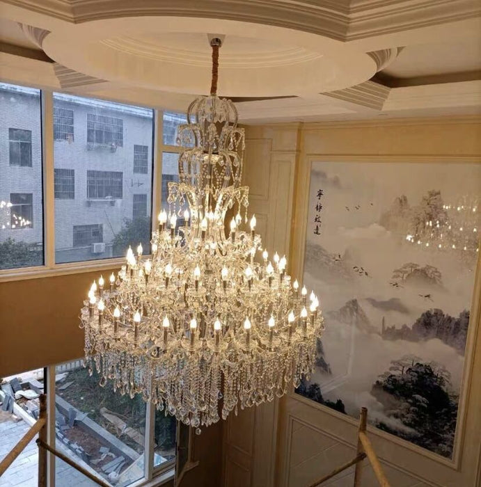 Lampadario di cristallo tradizionale di lusso di grandi dimensioni con rami di candela in oro/cromo per edifici a 2 piani/duplex