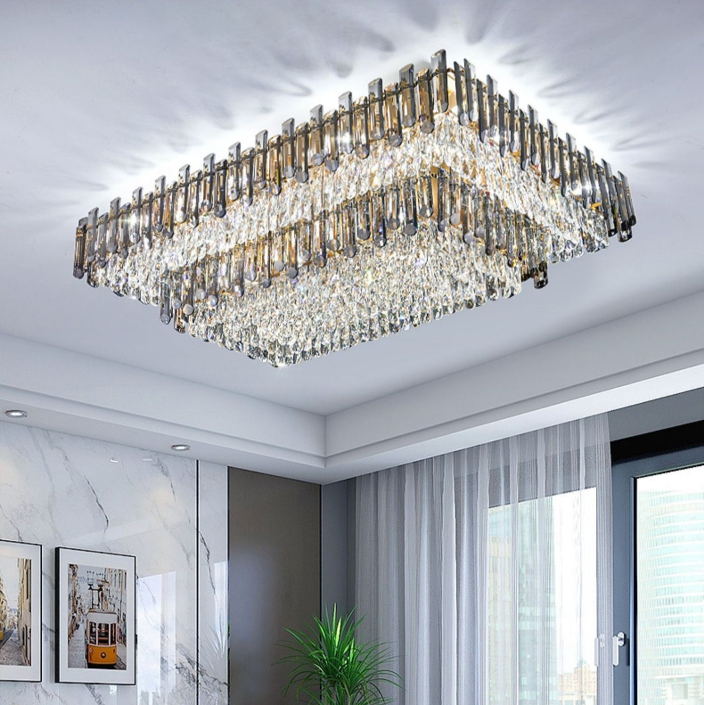 Rectangle Flush Mounted Living Room Chandelier Crystal Ceiling Light F ...